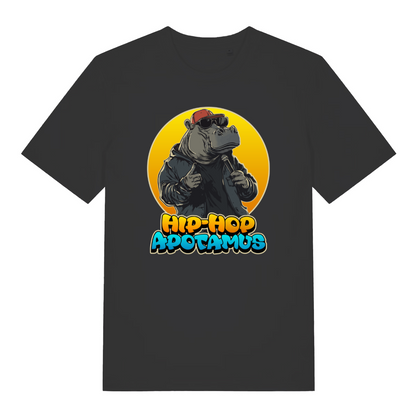 black funny animal t-shirt with the graphic of a hippopotamus and the slogan 'hip-hop apotamus'