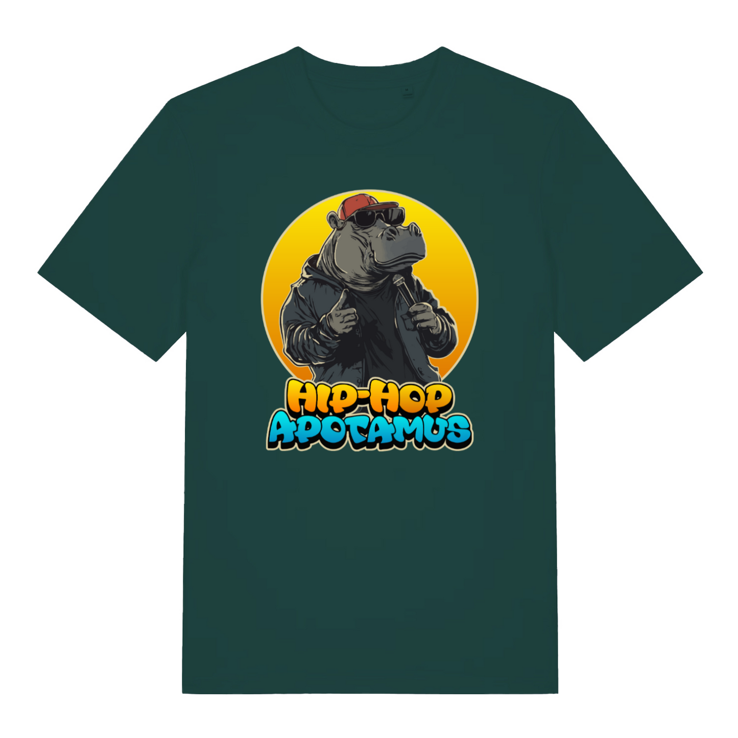 green funny animal t-shirt with the graphic of a hippopotamus and the slogan 'hip-hop apotamus'