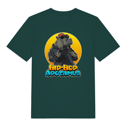 green funny animal t-shirt with the graphic of a hippopotamus and the slogan 'hip-hop apotamus'