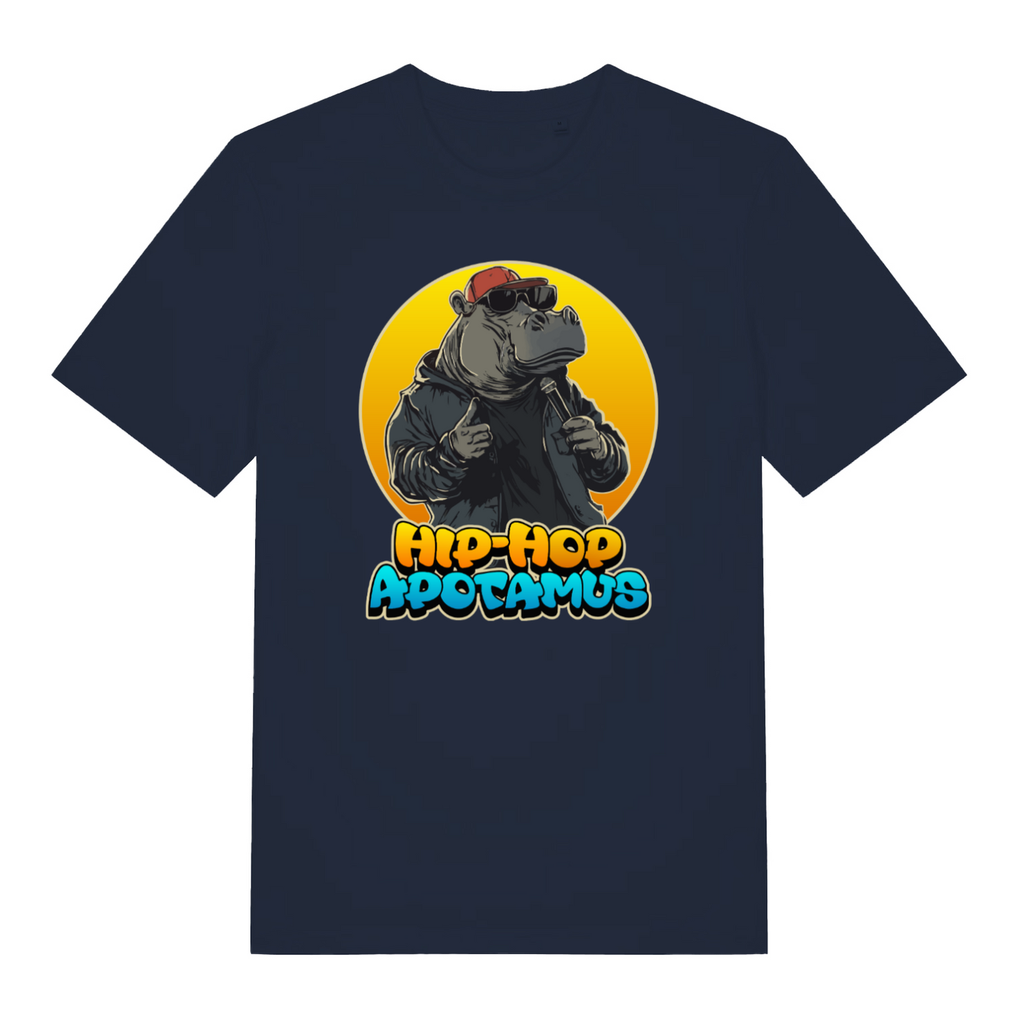 navy funny animal t-shirt with the graphic of a hippopotamus and the slogan 'hip-hop apotamus'