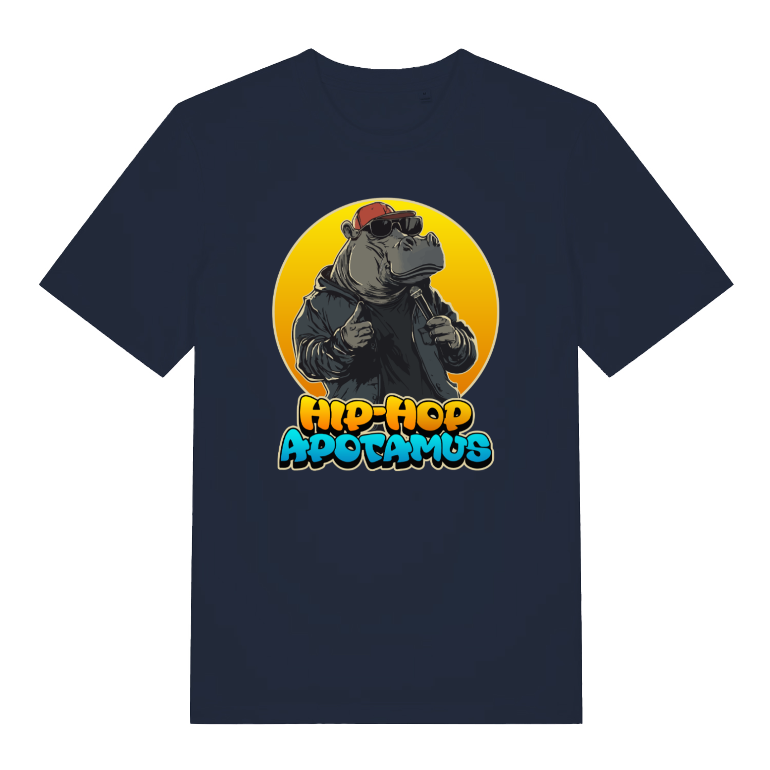 navy funny animal t-shirt with the graphic of a hippopotamus and the slogan 'hip-hop apotamus'