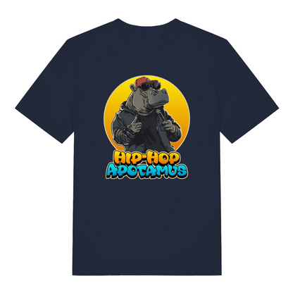 navy funny animal t-shirt with the graphic of a hippopotamus and the slogan 'hip-hop apotamus'