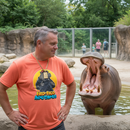 Man wearing a 'Hip-Hop Apotamus' t-shirt standing next to a hippo at a zoo.