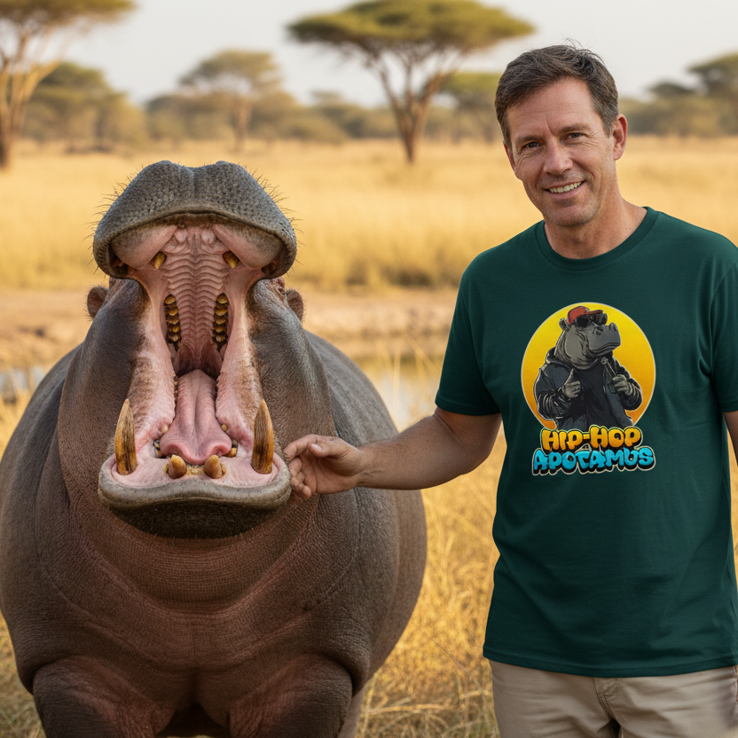 Man standing next to a hippopotamus in a savannah setting, wearing a t-shirt with a hippo graphic.