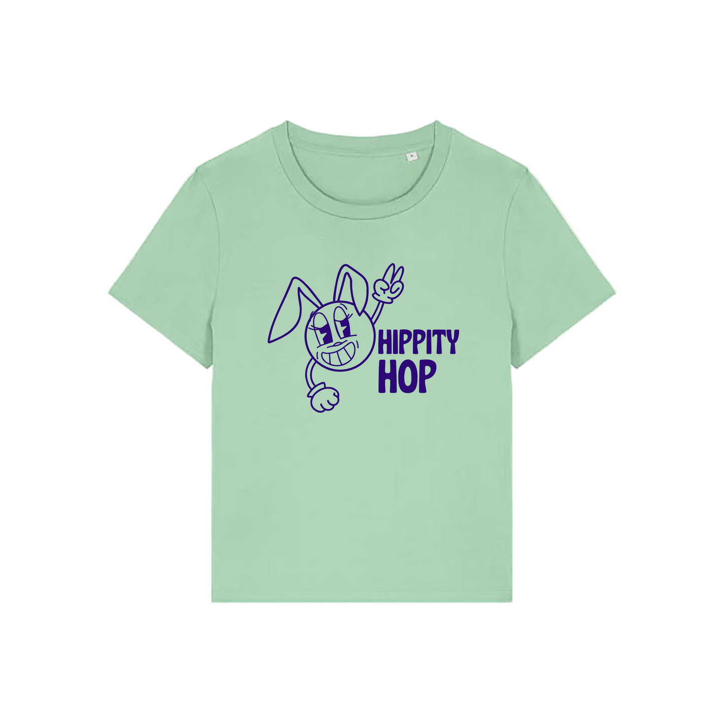 green funny t-shirt with a smiley graphic and the slogan 'hippety hop'