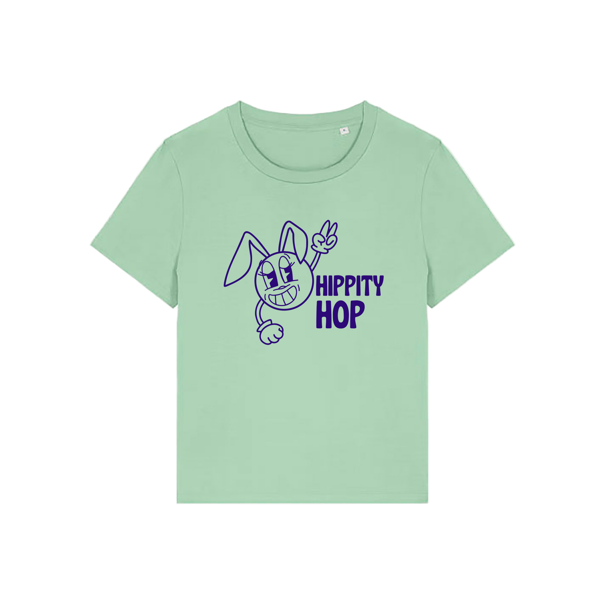 green funny t-shirt with a smiley graphic and the slogan 'hippety hop'