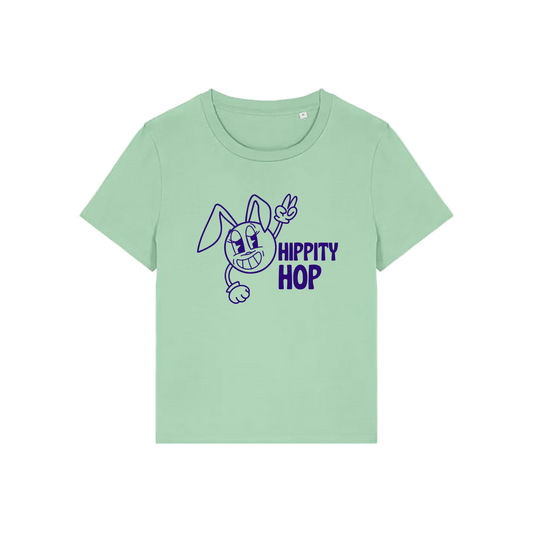 green funny t-shirt with a smiley graphic and the slogan 'hippety hop'