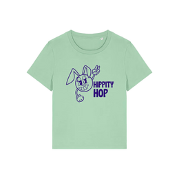 green funny t-shirt with a smiley graphic and the slogan 'hippety hop'