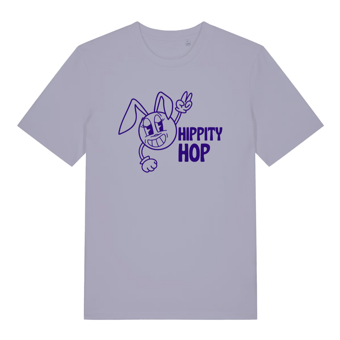 lavender women's graphic t-shirt with a cartoon bunny design