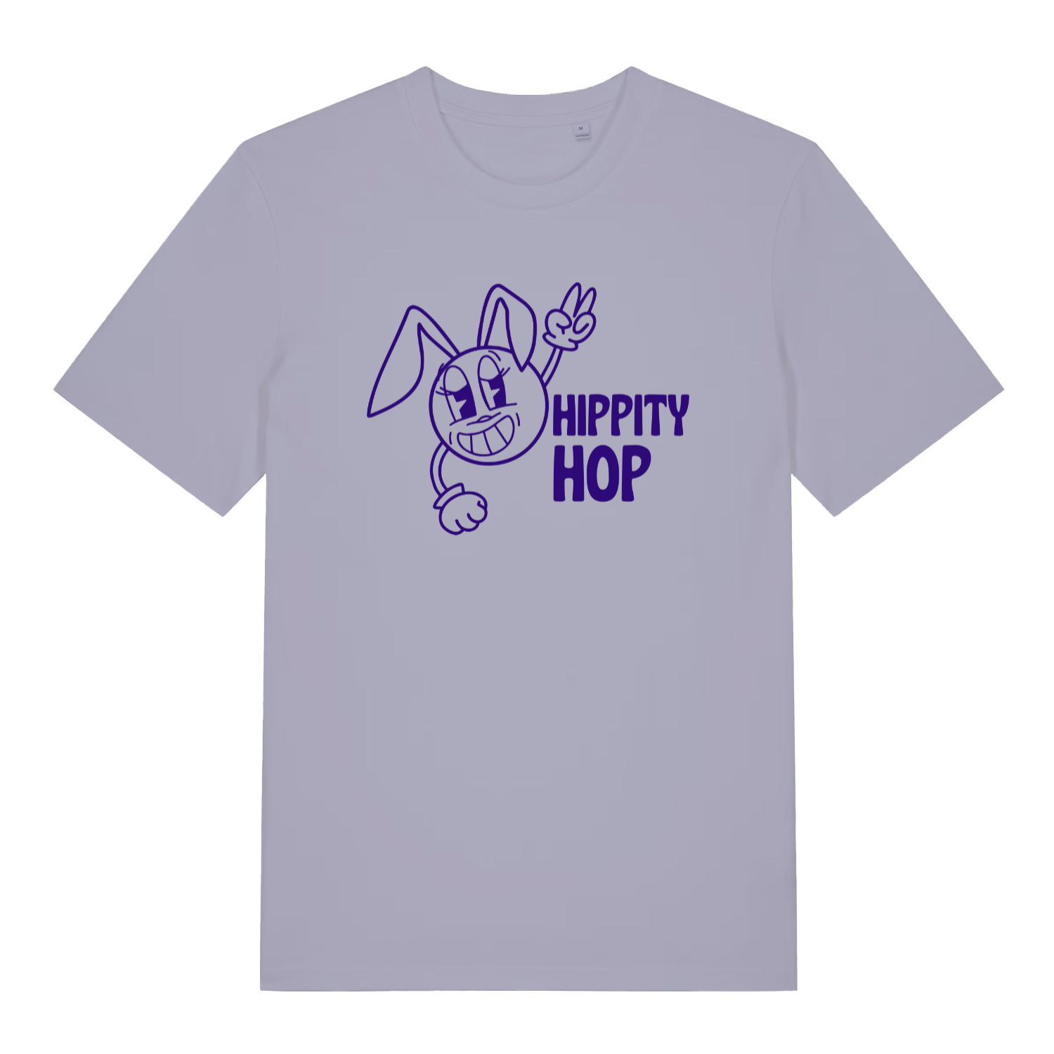 lavender women's graphic t-shirt with a cartoon bunny design