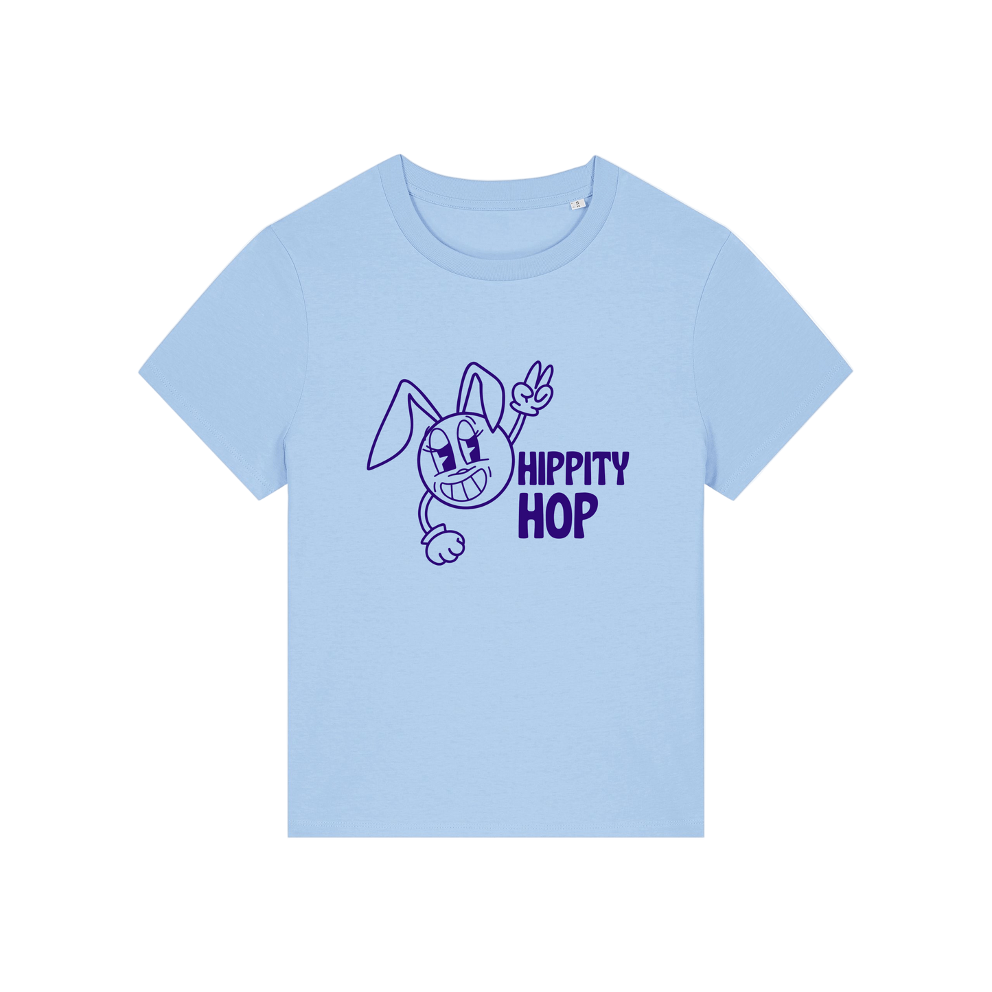 light blue funny t-shirt with a smiley graphic and the slogan 'hippety hop'