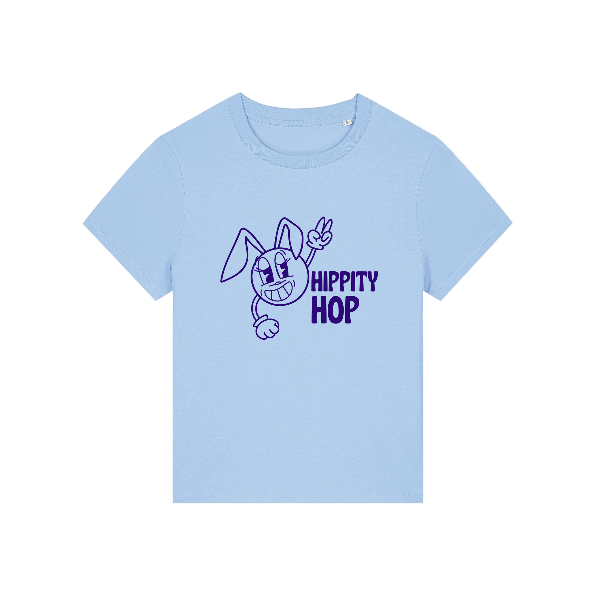 light blue funny t-shirt with a smiley graphic and the slogan 'hippety hop'