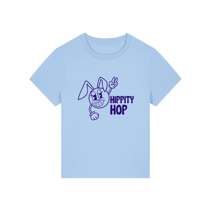 light blue funny t-shirt with a smiley graphic and the slogan 'hippety hop'