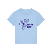 light blue funny t-shirt with a smiley graphic and the slogan 'hippety hop'