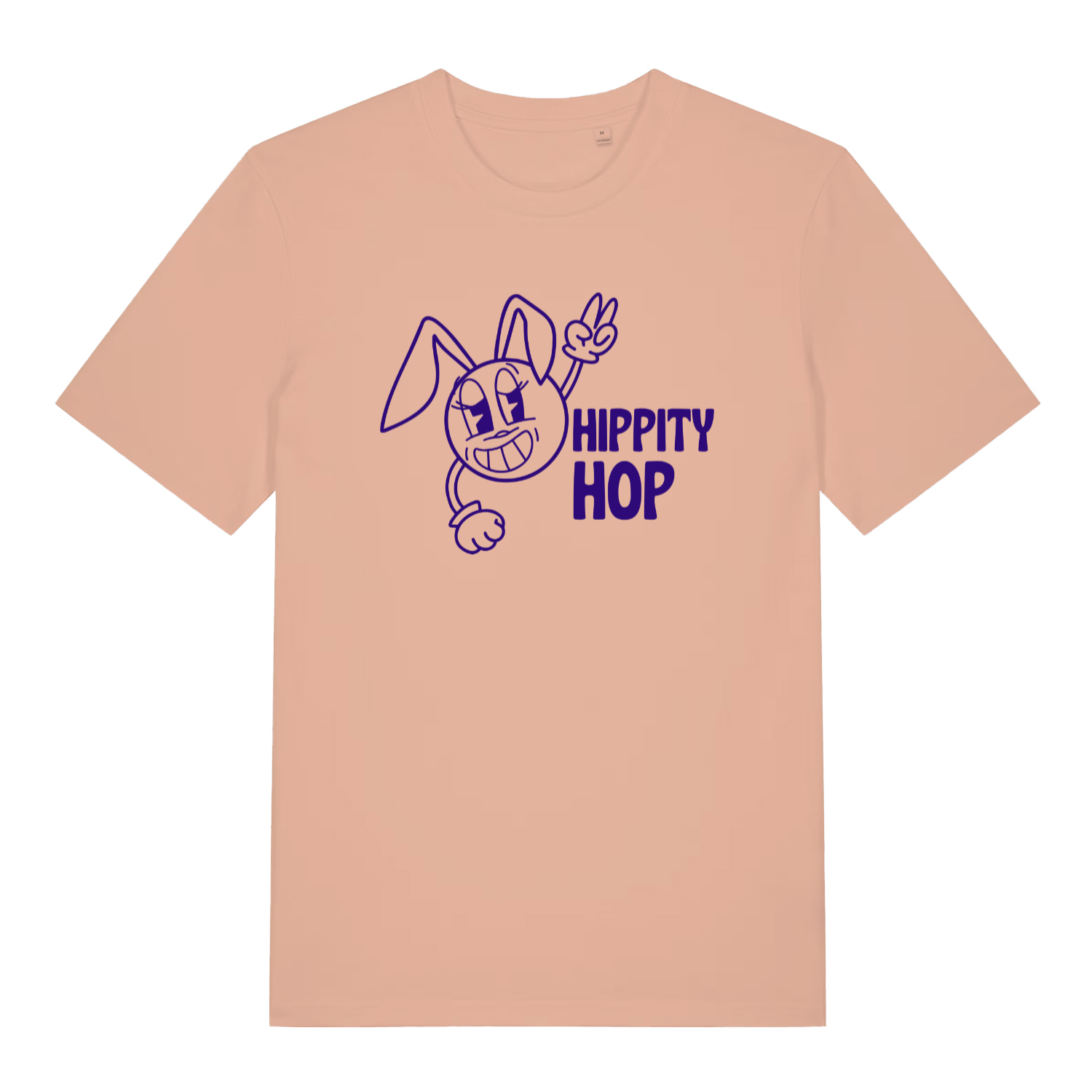 peach women's graphic t-shirt with a cartoon bunny design