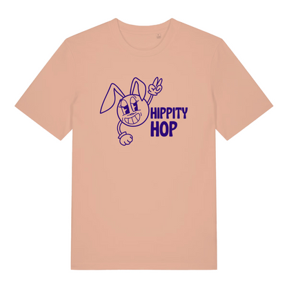 peach women's graphic t-shirt with a cartoon bunny design