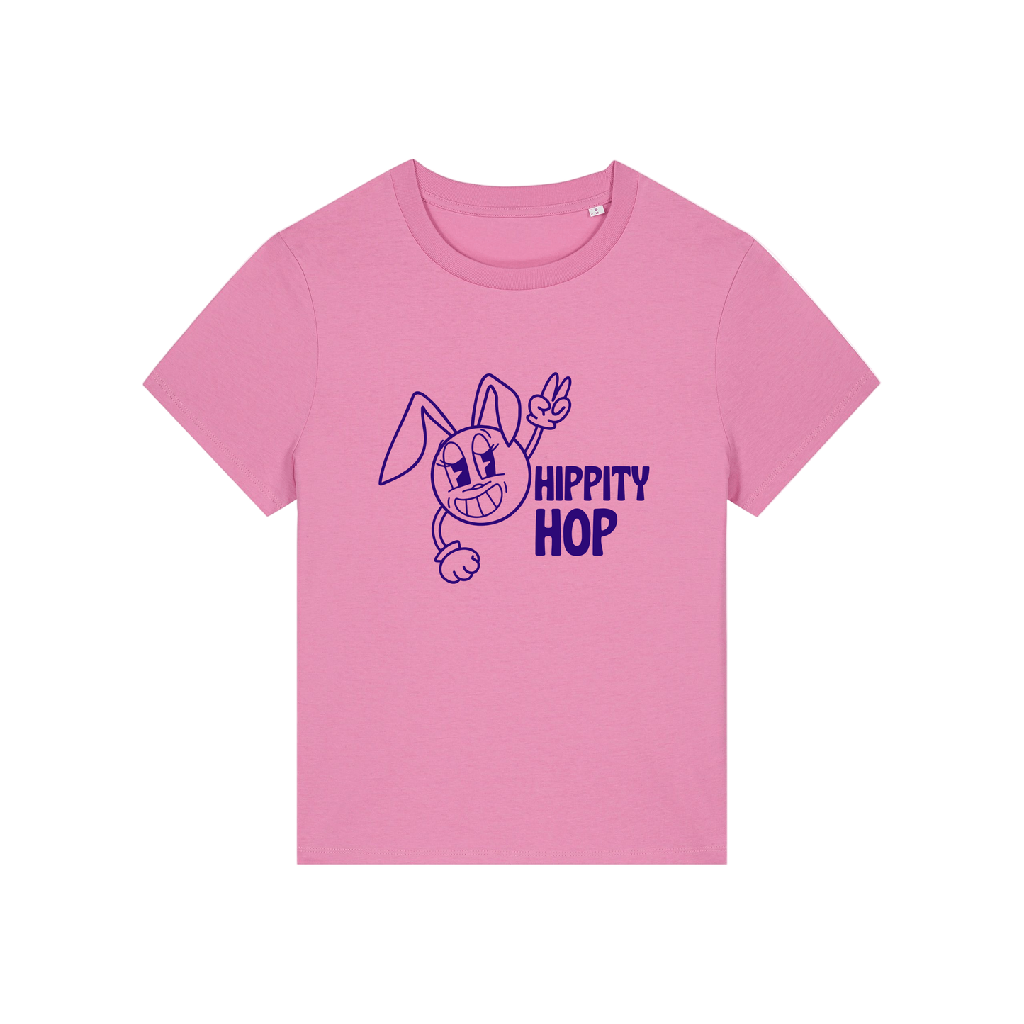 pink funny t-shirt with a smiley graphic and the slogan 'hippety hop'