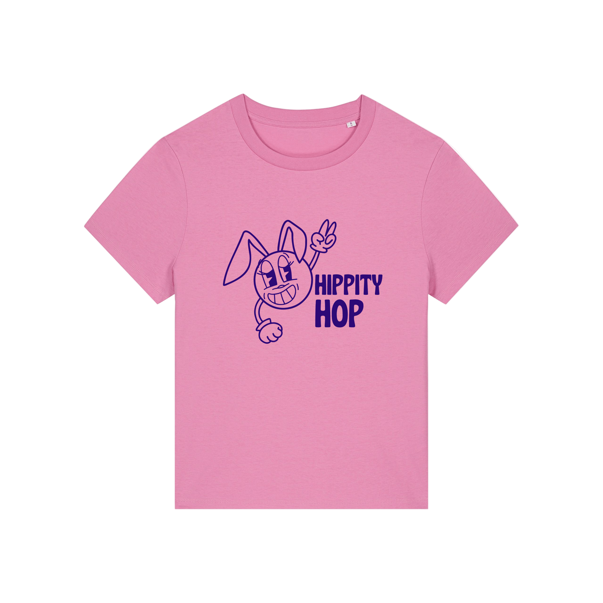 pink funny t-shirt with a smiley graphic and the slogan 'hippety hop'
