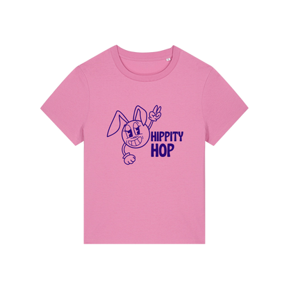 pink funny t-shirt with a smiley graphic and the slogan 'hippety hop'