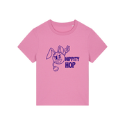 pink funny t-shirt with a smiley graphic and the slogan 'hippety hop'