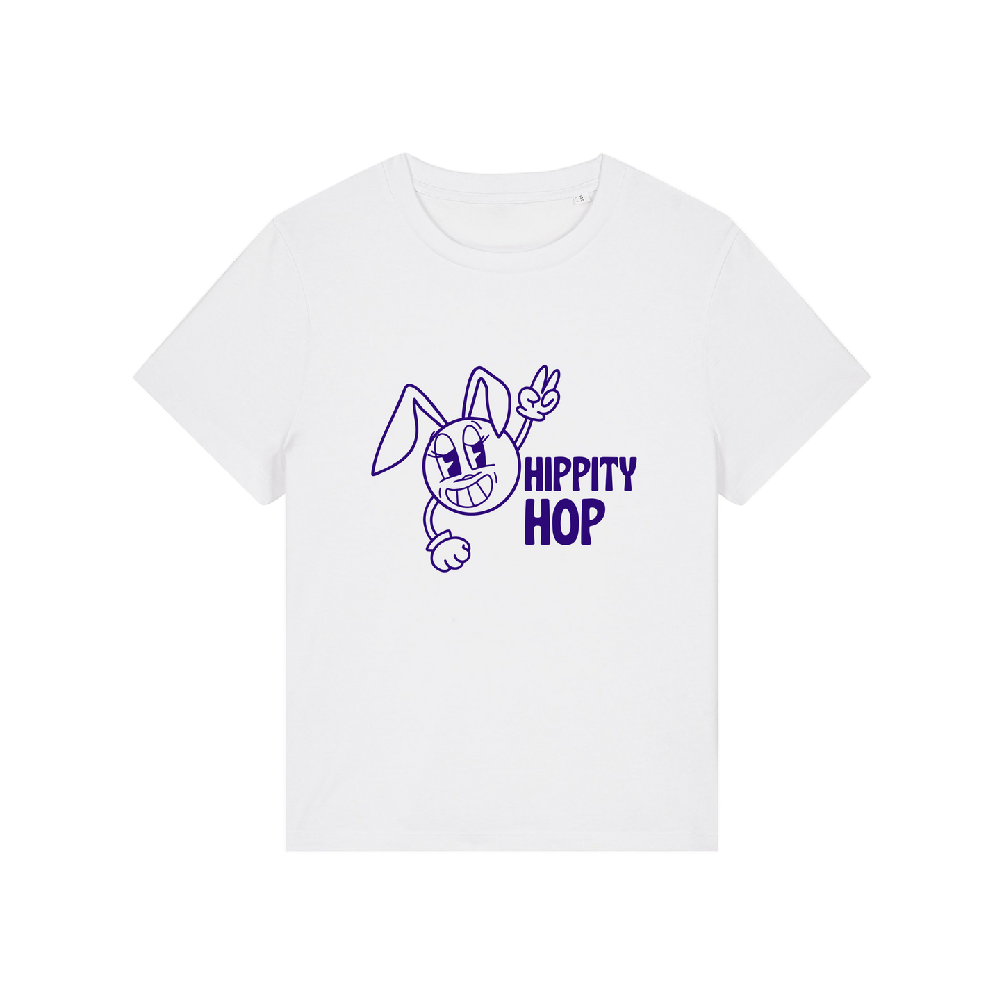white funny t-shirt with a smiley graphic and the slogan 'hippety hop'