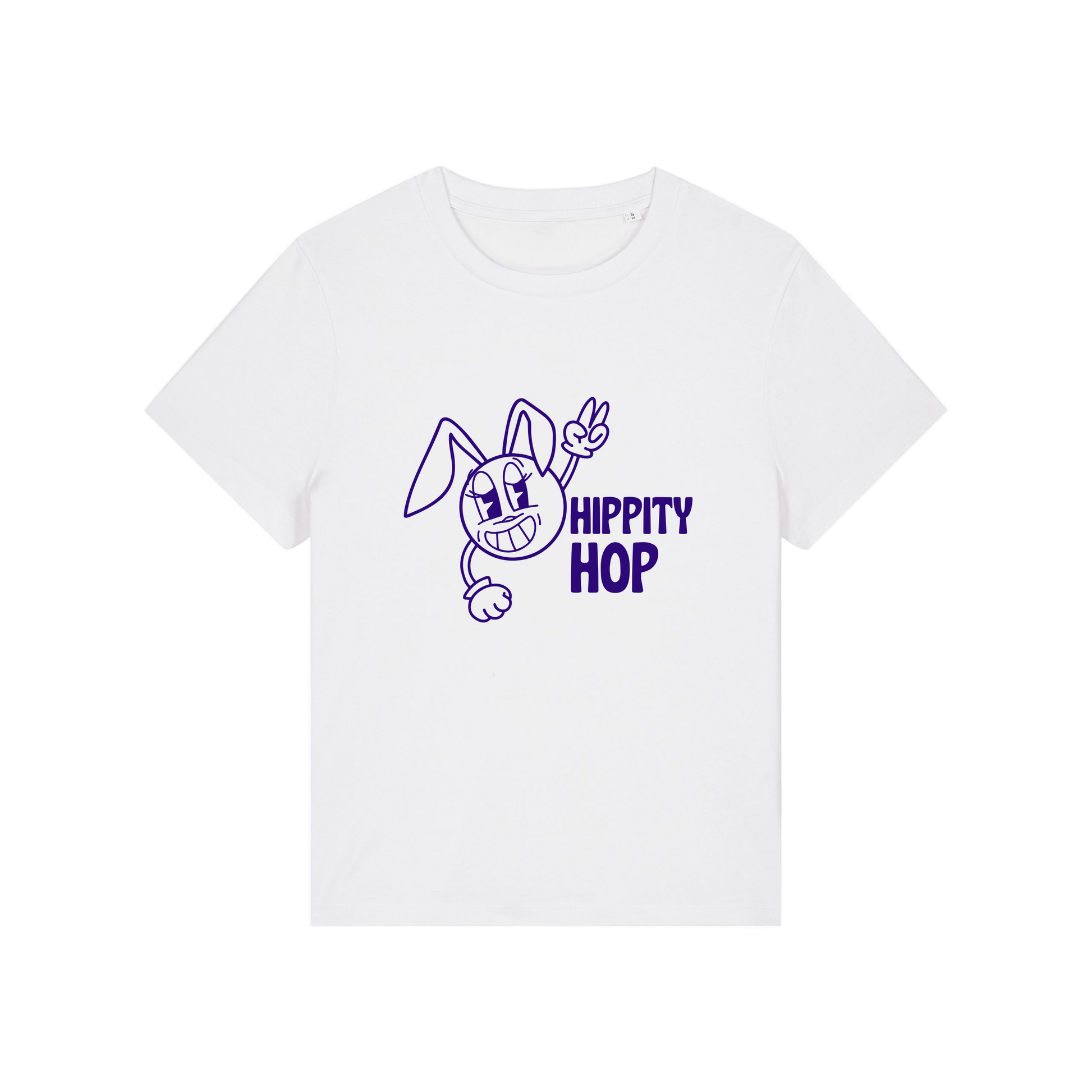 white funny t-shirt with a smiley graphic and the slogan 'hippety hop'