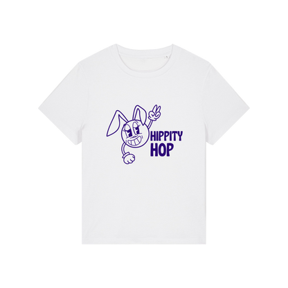 white funny t-shirt with a smiley graphic and the slogan 'hippety hop'