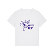 white funny t-shirt with a smiley graphic and the slogan 'hippety hop'