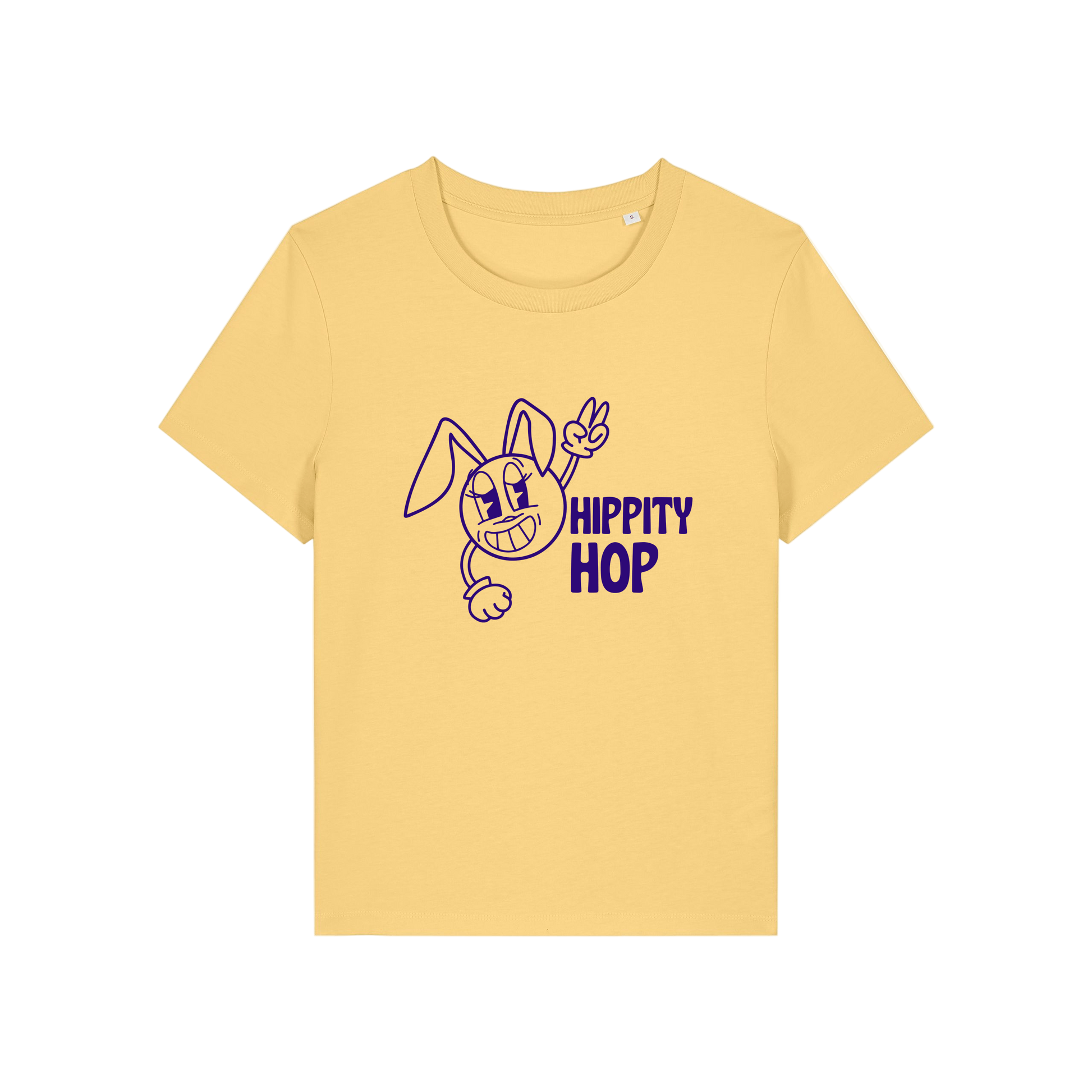yellow funny t-shirt with a smiley graphic and the slogan 'hippety hop'