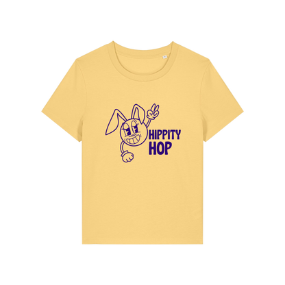 yellow funny t-shirt with a smiley graphic and the slogan 'hippety hop'