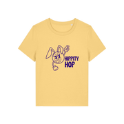 yellow funny t-shirt with a smiley graphic and the slogan 'hippety hop'