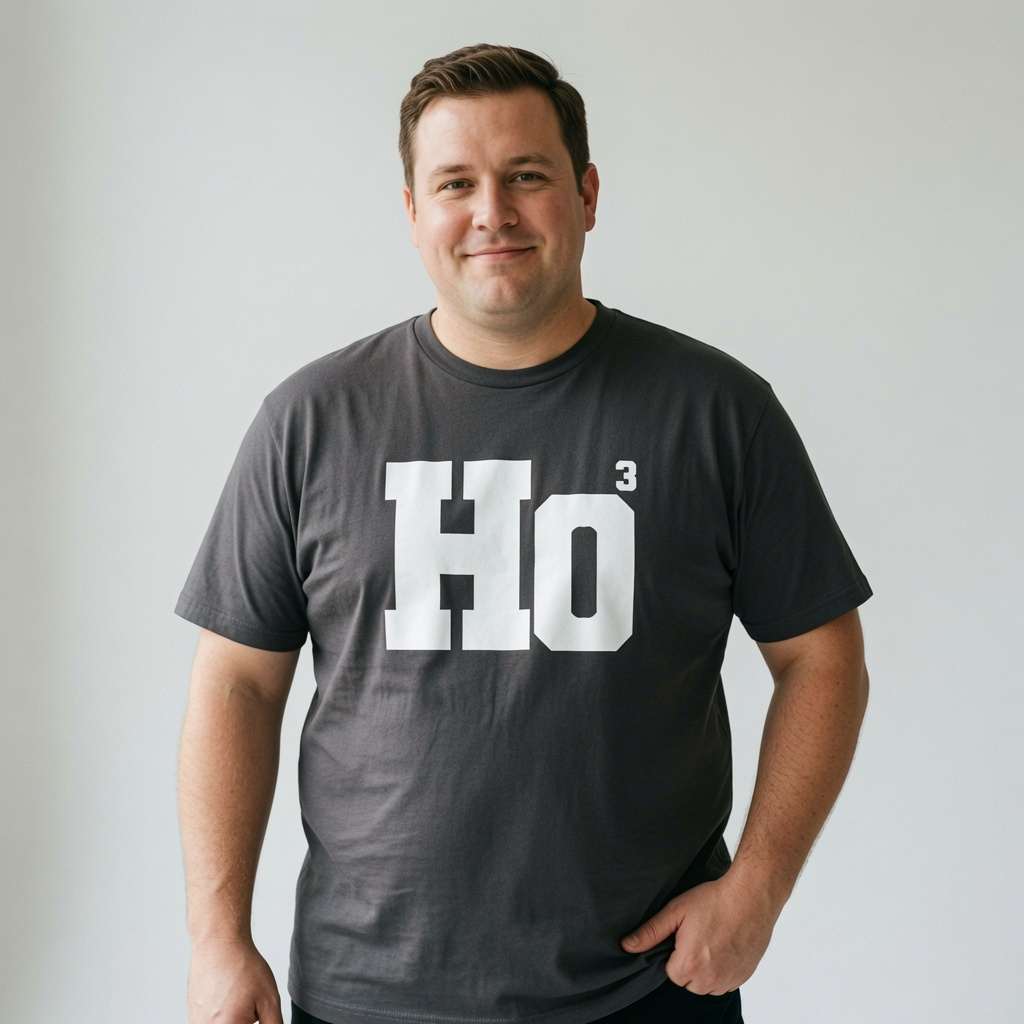 Man with slight smile hands in pockets in black HO³ tee, mens funny witty christmas slogan