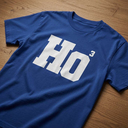 Blue HO³ t-shirt on wood, funny mens witty xmas slogan