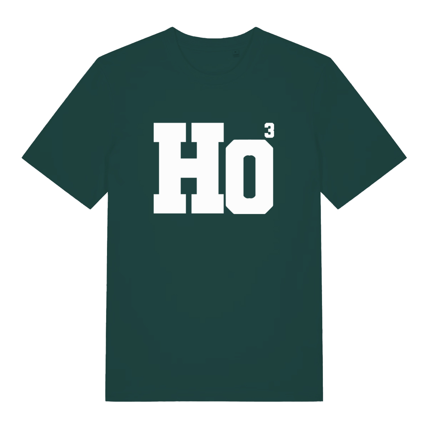 Green Ho³ T-shirt flat lay showing humorous "HO³" Christmas design