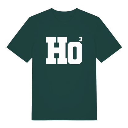Green Ho³ T-shirt flat lay showing humorous "HO³" Christmas design