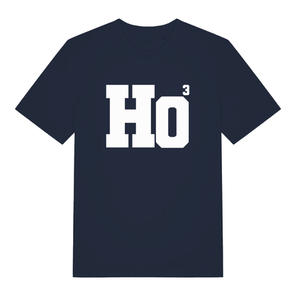 Navy Ho³ T-shirt flat lay with bold white "Ho³" festive slogan