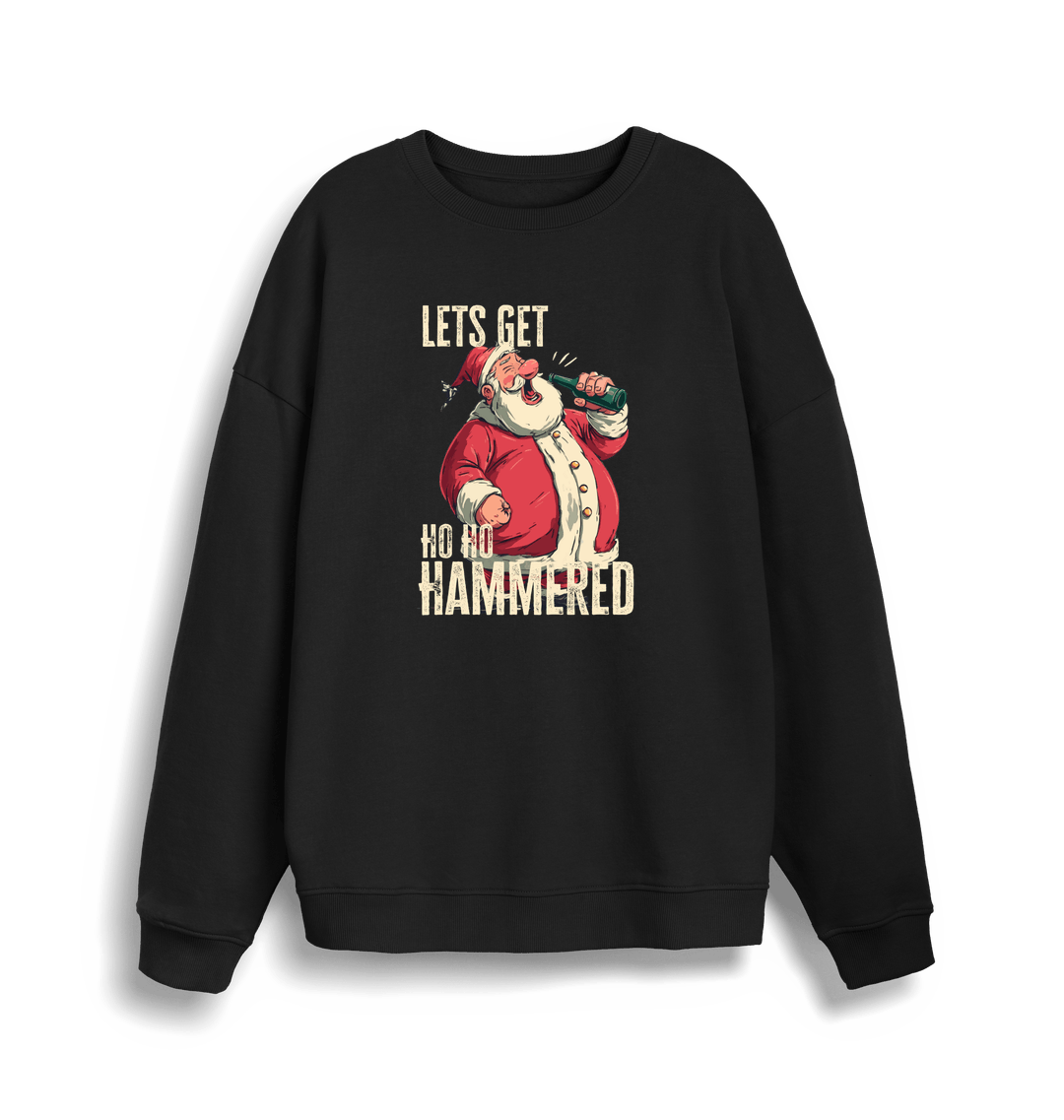 black christmas sweater with a graphic of santa drinking a beer and the slogan 'lets get ho ho hammered'