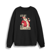 black christmas sweater with a graphic of santa drinking a beer and the slogan 'lets get ho ho hammered'
