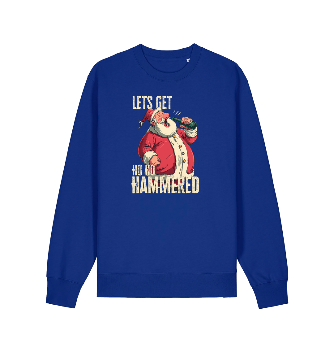 blue christmas sweater with a graphic of santa drinking a beer and the slogan 'lets get ho ho hammered'
