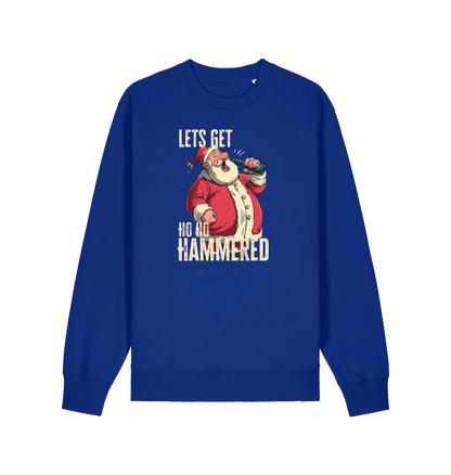 blue christmas sweater with a graphic of santa drinking a beer and the slogan 'lets get ho ho hammered'