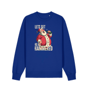 blue christmas sweater with a graphic of santa drinking a beer and the slogan 'lets get ho ho hammered'