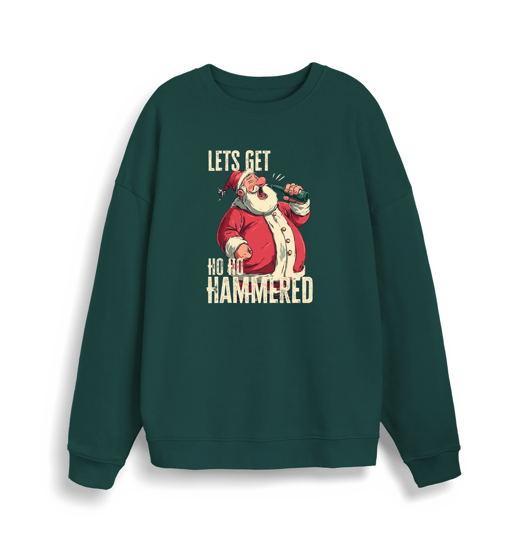 green christmas sweater with a graphic of santa drinking a beer and the slogan 'lets get ho ho hammered'