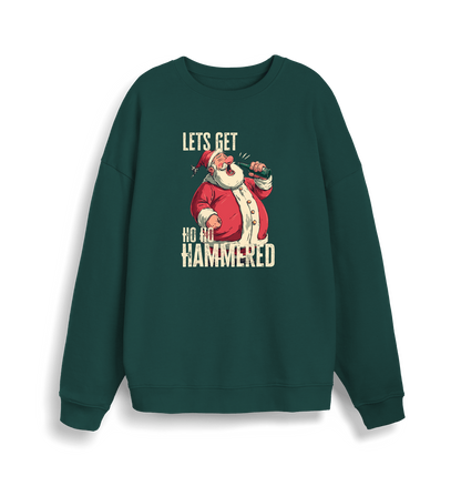 green christmas sweater with a graphic of santa drinking a beer and the slogan 'lets get ho ho hammered'