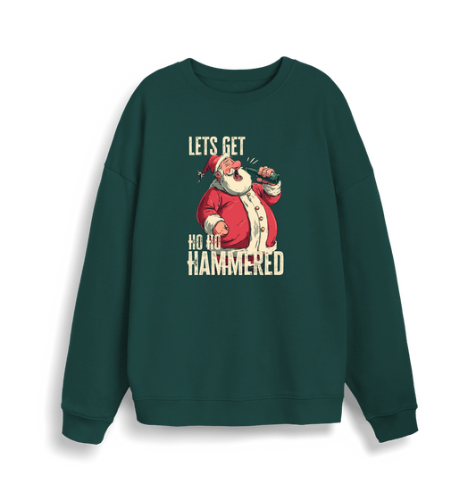green christmas sweater with a graphic of santa drinking a beer and the slogan 'lets get ho ho hammered'