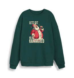green christmas sweater with a graphic of santa drinking a beer and the slogan 'lets get ho ho hammered'