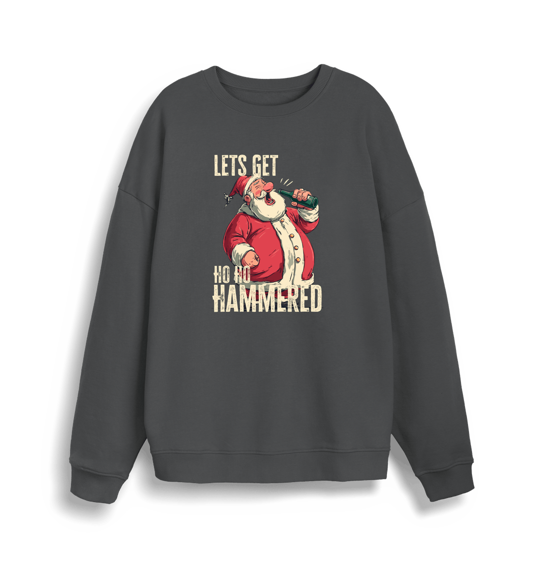 grey christmas sweater with a graphic of santa drinking a beer and the slogan 'lets get ho ho hammered'