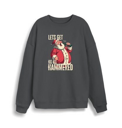 grey christmas sweater with a graphic of santa drinking a beer and the slogan 'lets get ho ho hammered'