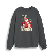 grey christmas sweater with a graphic of santa drinking a beer and the slogan 'lets get ho ho hammered'
