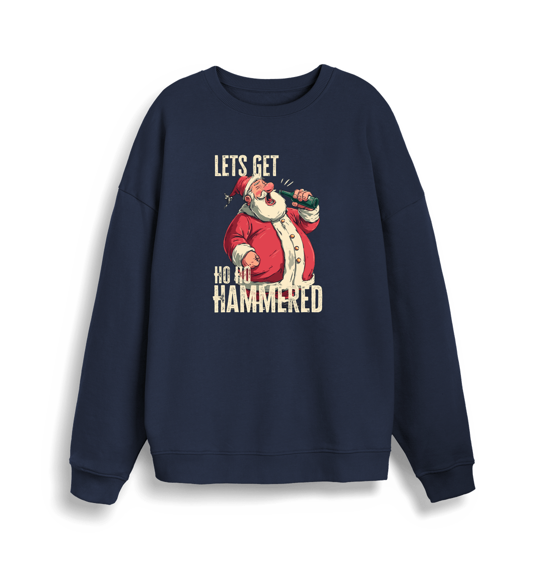 navy christmas sweater with a graphic of santa drinking a beer and the slogan 'lets get ho ho hammered'