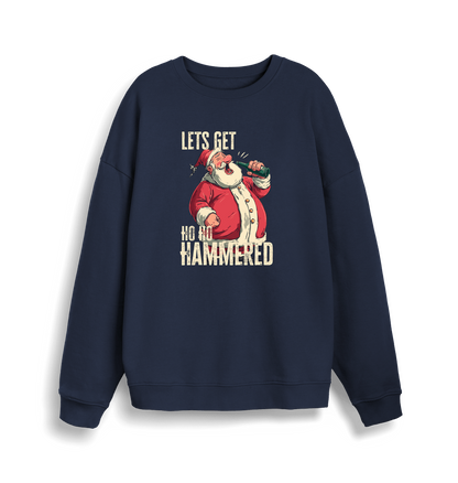 navy christmas sweater with a graphic of santa drinking a beer and the slogan 'lets get ho ho hammered'